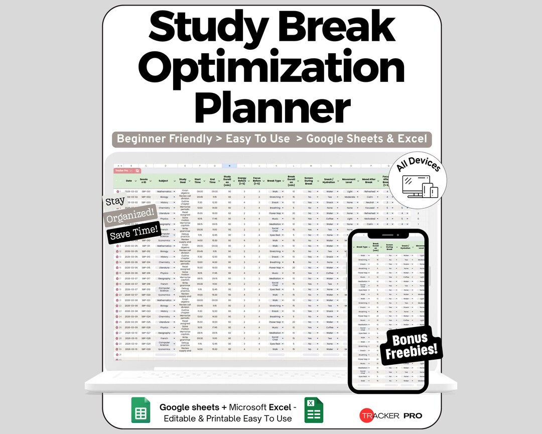 Study Break Spreadsheet for Google Sheets and Excel Focus Tracking and ...