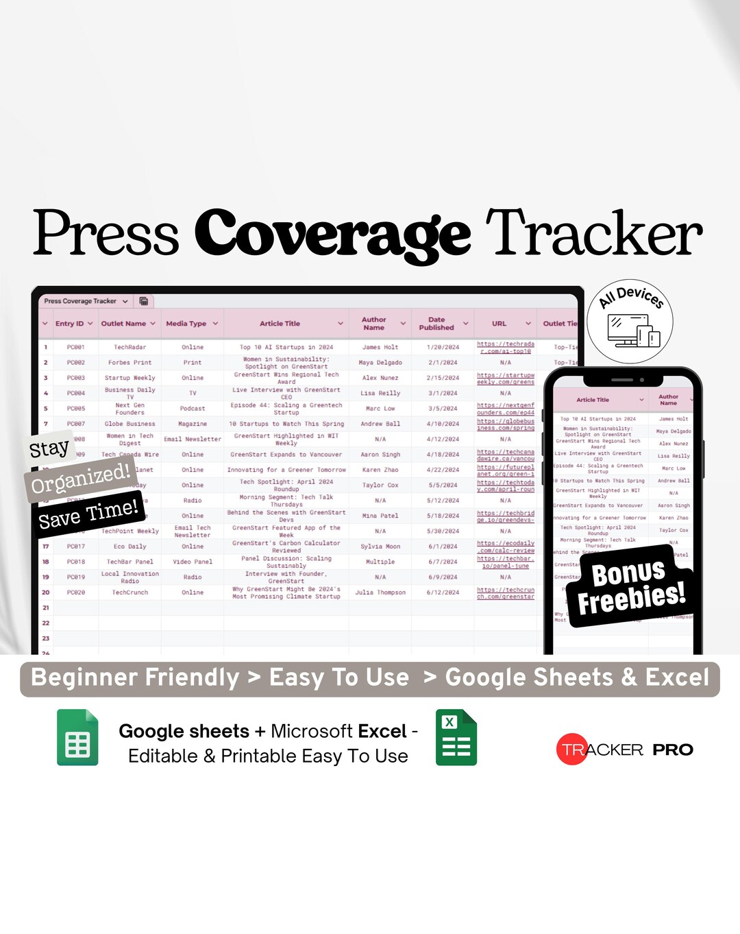Press Coverage Tracker Google Excel, PR & Media Mentions Log, Publicity ...