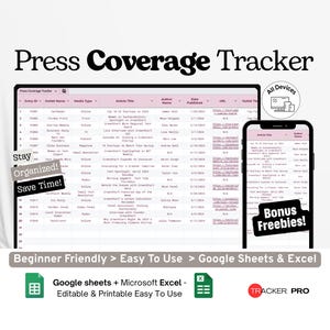 Press Coverage Tracker Google Excel, PR & Media Mentions Log, Publicity Outreach Sheet, Press Campaign Tracker Google Sheets Template