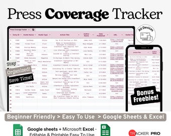 Press Coverage Tracker Google Excel, PR & Media Mentions Log, Publicity Outreach Sheet, Press Campaign Tracker Google Sheets Template