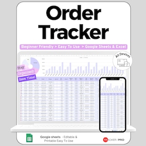 Op de afbeelding: Een digitaal sjabloon voor orderregistratie voor Google Sheets en Excel, weergegeven op een laptop- en smartphonescherm. De interface bevat gegevenstabellen, grafieken en de tekst Beginner Friendly, Easy To Use, Stay Organized, Save Time.