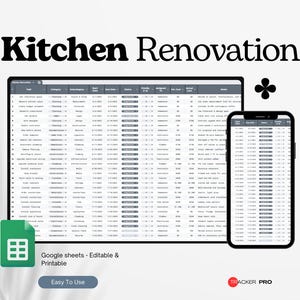 Peut inclure: Un suivi numérique de rénovation de cuisine affiché sur une tablette et un smartphone. Le texte "Kitchen Renovation" est en haut. Le logo Google Sheets est en bas à gauche, avec le texte "Google sheets - Editable & Printable" et "Easy To Use".