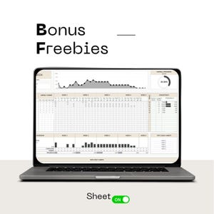 May include: A laptop computer displaying a habit tracker spreadsheet with a progress bar, a line graph, and a bar graph. The spreadsheet includes columns for daily habits, weekly targets, and overall progress. The text "Sheet ON" is visible at the bottom of the screen.