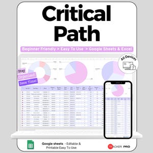 May include: A digital project management template titled Critical Path, featuring a laptop and smartphone displaying data tables and pie charts. Text includes Beginner Friendly, Easy To Use, Google Sheets & Excel, Stay Organized! Save Time!, and Tracker Pro.