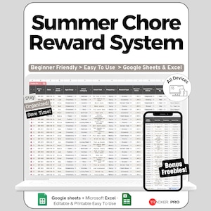 Può includere: Un sistema digitale di ricompense per le faccende domestiche visualizzato su un laptop e uno smartphone. Il testo "Summer Chore Reward System" è in alto. Il sistema è progettato per Google Sheets ed Excel, con le parole "Beginner Friendly > Easy To Use" visualizzate. L'immagine include anche le parole "Stay Organized! Save Time!"