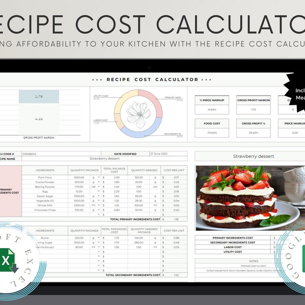 Recipe Cost Calculator for Cooking & Baking, MS Excel, Recipe Price, Recipe Spreadsheet, Profit Calculator, Food Cost, Food Prices