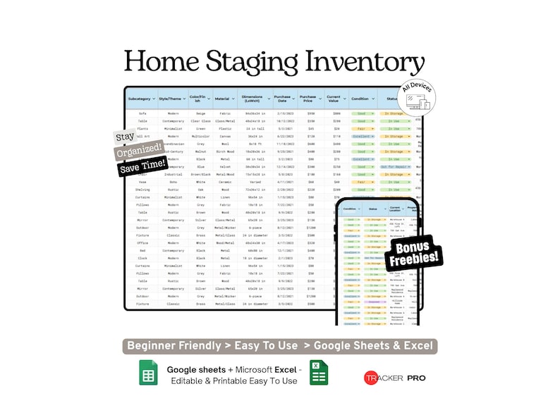 Home Staging Inventory Tracker Google Sheets Template (furniture, Decor ...
