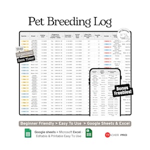 Pet Breeding Log Google Sheets Template, Litter Info, Vet Visits, Health Records and Buyer Contact Tracker Spreadsheet, Excel Template