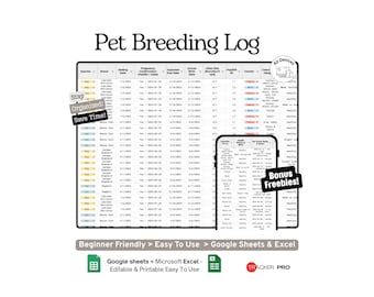 Google Sheets-Vorlage für ein Protokoll zur Haustierzucht, Wurfinformationen, Tierarztbesuche, Gesundheitsdaten und Käuferkontakte (Excel-Vorlage)