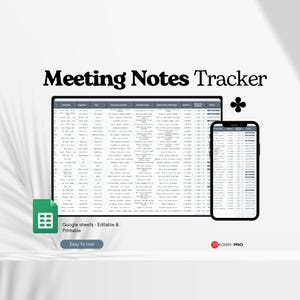 Meeting Notes Tracker, Meeting Minutes Template, Team Meeting Log, Meeting Spreadsheet, Office Notes, Note Taking Corporate Business Meeting