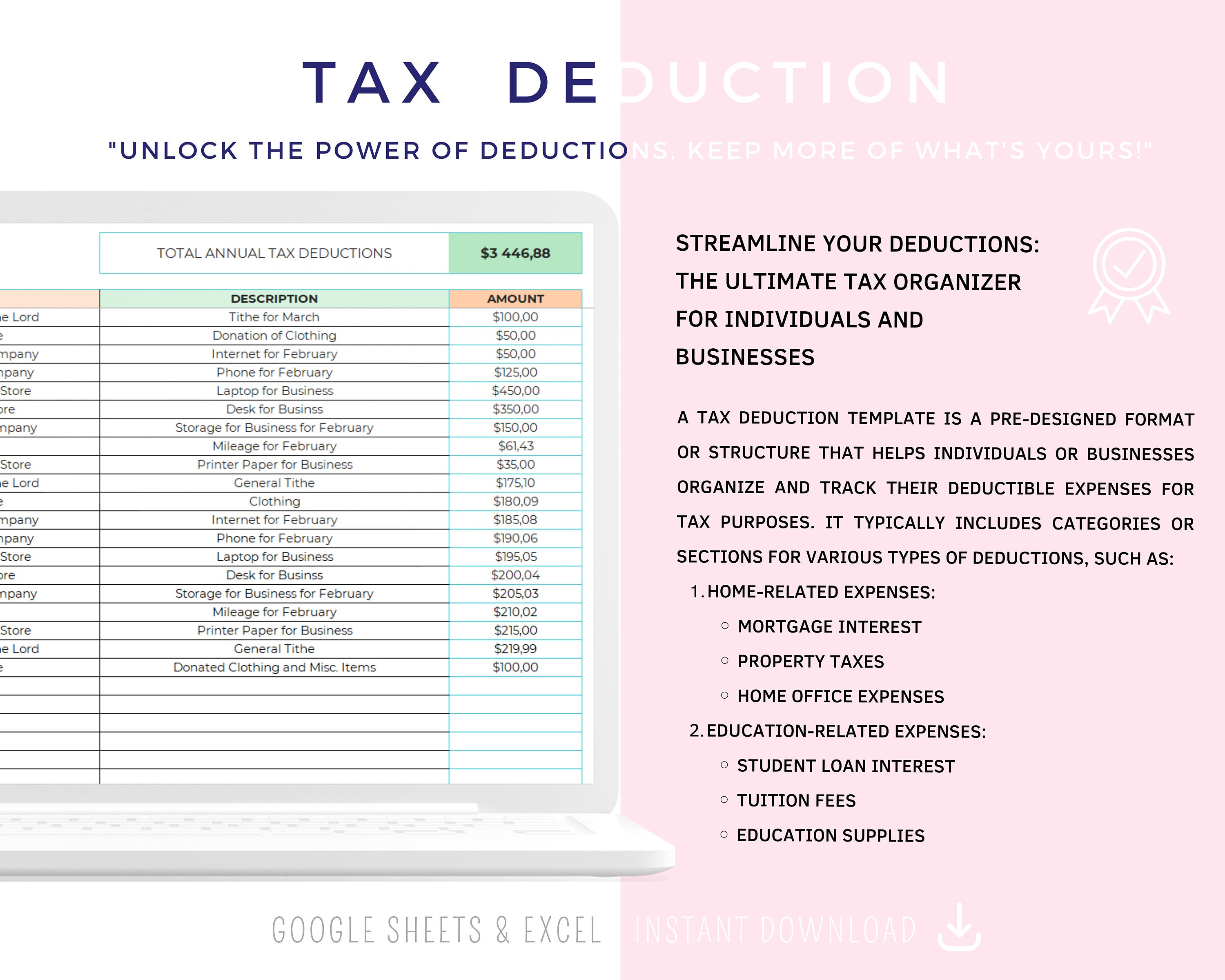 Tax Deduction Tracker Excel Spreadsheet, Editable Tax Deductions List