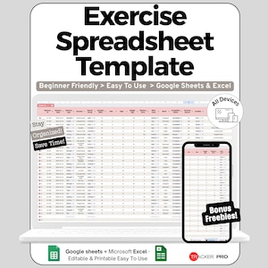 Exercise Spreadsheet Template, Workout Google Sheet Fitness Planner, Workout Tracker, Weight Lifting Fitness Journal Log, Excel Spreadsheet