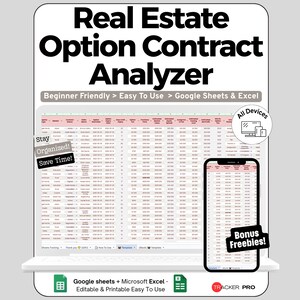 Peut inclure: Un modèle de feuille de calcul numérique Real Estate Option Contract Analyzer pour Google Sheets et Excel. L'affichage présente un tableau de données avec des colonnes pour les détails du contrat, les indicateurs financiers et les calculs.