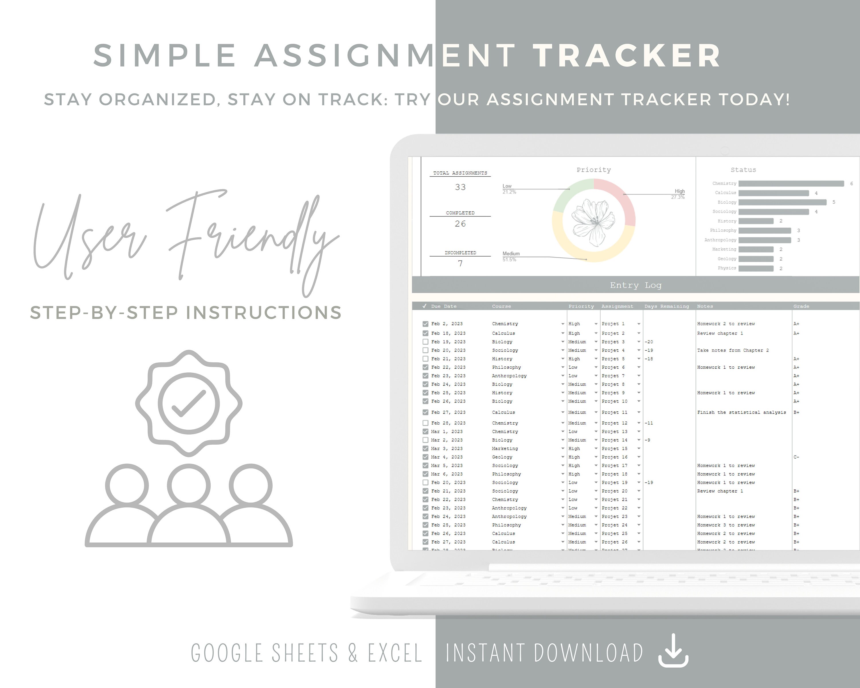 Assignment Tracker Google Sheets and Excel Spreadsheet Template ...