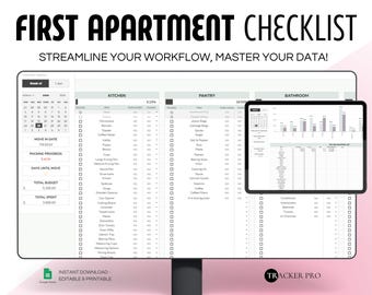 May include: A digital checklist for apartment moving, with sections for kitchen, pantry, and bathroom. The checklist includes a calendar, packing progress, budget, and a list of items to purchase. The text on the screen reads "First Apartment Checklist" and "Streamline Your Workflow, Master Your Data!"