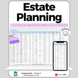 Peut inclure: Un modèle de feuille de calcul numérique pour la planification successorale affiché sur un écran d'ordinateur portable et de smartphone. Le texte indique Estate Planning, Beginner Friendly, Easy To Use, Google Sheets & Excel, Stay Organized, Save Time, All Devices et Tracker Pro.