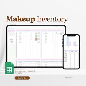 Inventarislijst voor make-upcollectie in Google Sheets, virtuele cosmetica-organizer, beautyproducten-tracker, make-upinventarissjabloon