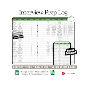 Interview Preparation Log Google Sheets, Track Interview Questions, Practice Answers, Skills, Notes, Job Applications, Career Planner, Job