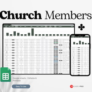 Könnte beinhalten: Eine digitale Grafik mit dem Text "Church Members" über einem Tablet und Smartphone, die Datendiagramme und -listen anzeigen. Das Tablet und das Telefon zeigen eine tabellenkalkulationsähnliche Oberfläche. Das Bild enthält ein Google Sheets-Symbol und den Text "Google sheets - Editable & Printable".