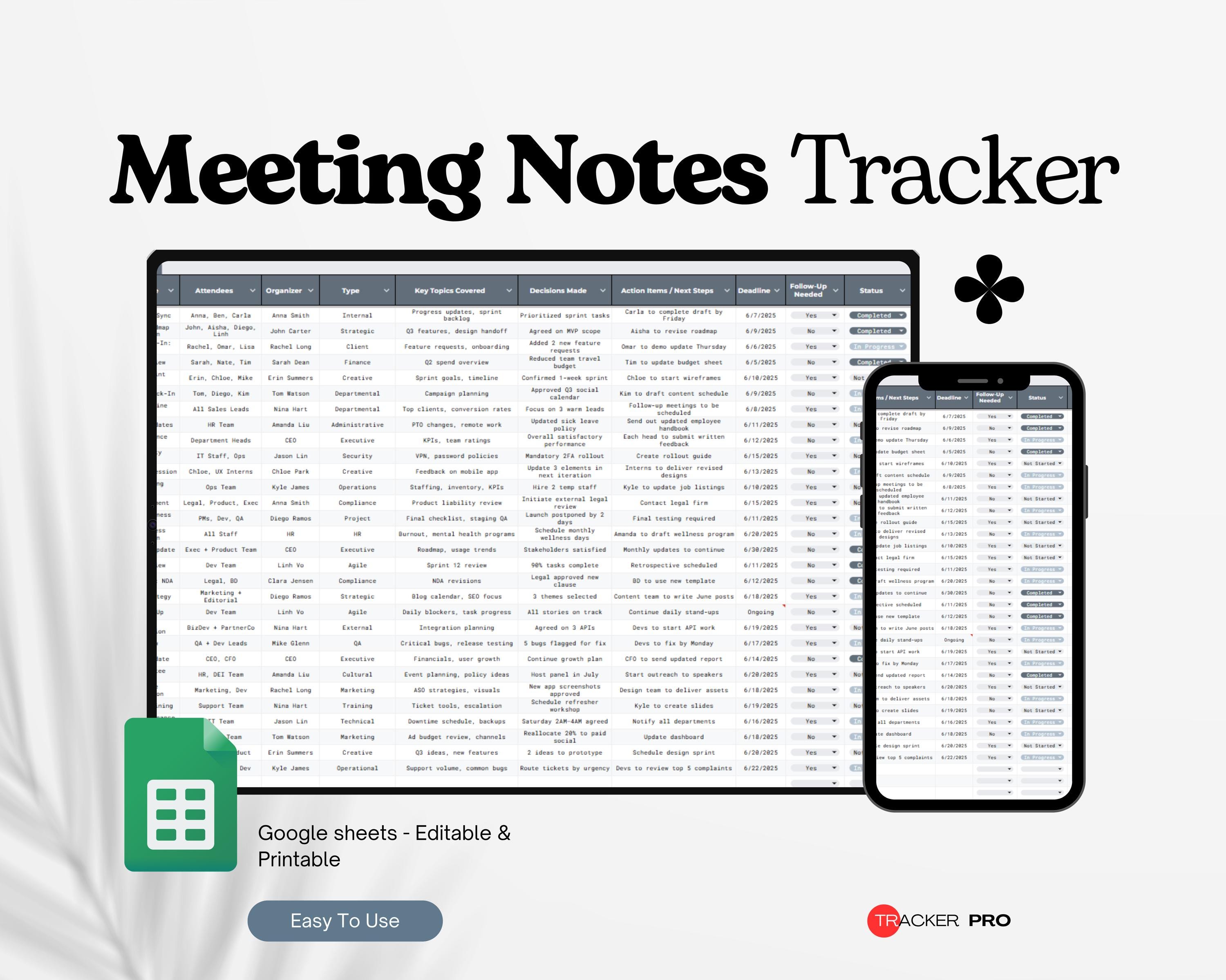 Notes Tracker Photo Meeting Notes Tracker, Meeting Minutes Template, Team Meeting Log ...