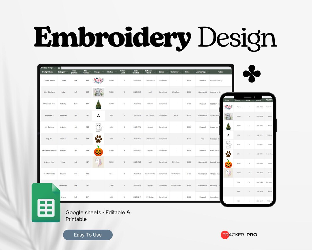 Embroidery Design Inventory Tracker Spreadsheet, Embroidery Business, Embroidery Pattern ...