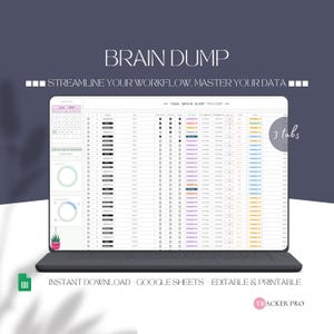 May include: A digital planner on a laptop screen, with the text "BRAIN DUMP" and "STREAMLINE YOUR WORKFLOW, MASTER YOUR DATA." The planner shows a calendar, charts, and data tables. The words "INSTANT DOWNLOAD - GOOGLE SHEETS - EDITABLE & PRINTABLE" are also visible.