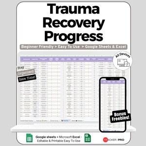 May include: A digital Trauma Recovery Progress tracker template for Google Sheets and Excel. The display shows a spreadsheet interface with columns for tracking recovery data, featuring text labels like Beginner Friendly, Stay Organized, and Bonus Freebies.