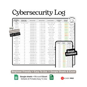 Personal Cybersecurity Log Google Sheets Template 2FA, Passwords, Recovery Codes and Online Account Security Tracker Spreadsheet Excel