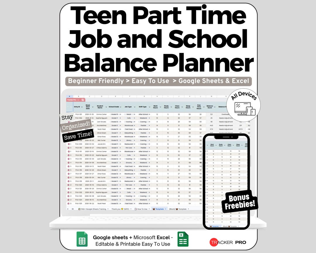 Teen Work School Spreadsheet for Google Sheets and Excel Schedule ...