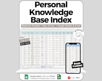 May include: A digital Personal Knowledge Base Index template for Google Sheets and Excel. The display shows a spreadsheet interface with columns for source type, link, and status. Includes text labels: Beginner Friendly, All Devices, and Bonus Freebies.