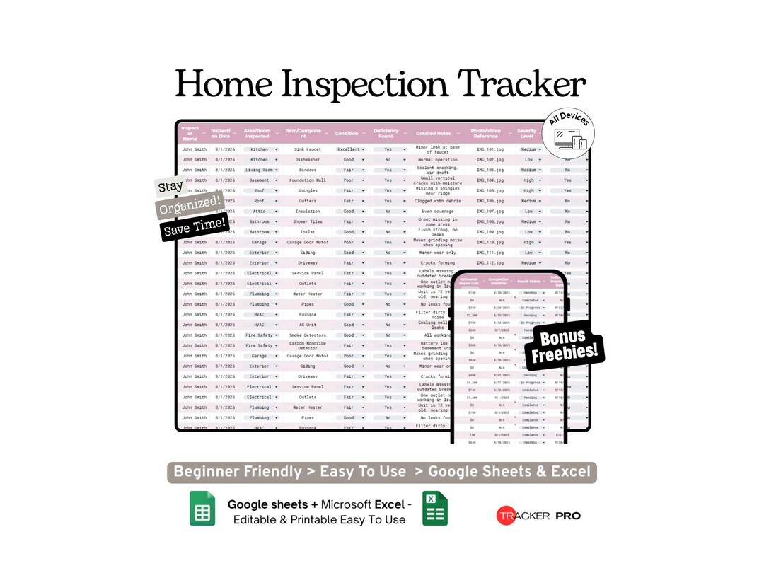 Home Inspection Tracker Google Sheets Template Real Estate Inspection ...