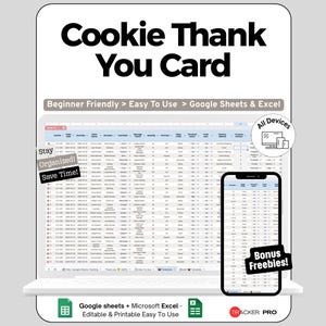 Pode incluir: Maquete de produto digital com um laptop e um smartphone exibindo uma planilha. O texto "Cookie Thank You Card" está no topo. O texto adicional inclui "Beginner Friendly > Easy To Use > Google Sheets & Excel" e "Bonus Freebies!"