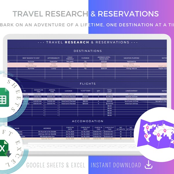 Travel Research and Reservations Template for Google sheets and Microsoft Excel, Trip Research Spreadsheet, Vacation Research, Honeymoon