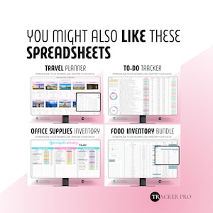 May include: Image featuring four computer monitors displaying spreadsheet templates. Titles include "Travel Planner," "To-Do Tracker," "Office Supplies Inventory," and "Food Inventory Bundle." Each monitor shows a different spreadsheet design. Text reads "You might also like these spreadsheets."