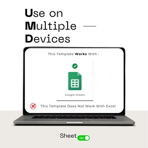 K&ouml;nnte beinhalten: Ein Laptop-Bildschirm zeigt ein Google Sheets-Symbol mit einem gr&uuml;nen H&auml;kchen und dem Text "Diese Vorlage funktioniert mit: Google Sheets". Unter dem Symbol befindet sich ein rotes Kreuz mit dem Text "Diese Vorlage funktioniert nicht mit Excel". Der Laptop hat einen wei&szlig;en Schalter mit dem Text "Sheet ON" darunter.