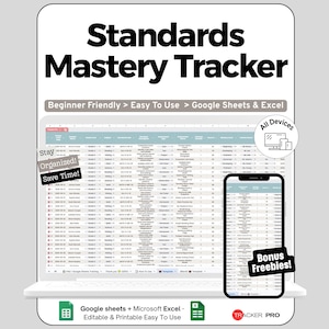 May include: A digital Standards Mastery Tracker shown on a laptop and smartphone. The tracker is for Google Sheets and Excel, with the text "Beginner Friendly > Easy To Use." Additional text includes "Stay Organized! Save Time!" and "Bonus Freebies!"