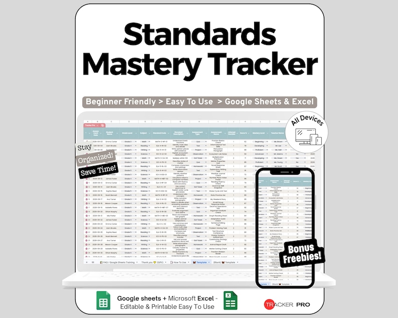 Standards Tracker Spreadsheet for Google Sheets and Excel Curriculum ...