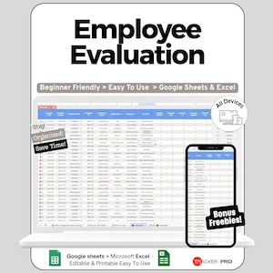 Peut inclure: Un modèle numérique d'évaluation des employés affiché sur un ordinateur portable et un smartphone. Le texte "Employee Evaluation" est en haut. Le texte supplémentaire comprend "Beginner Friendly > Easy To Use > Google Sheets & Excel" et "Bonus Freebies!"