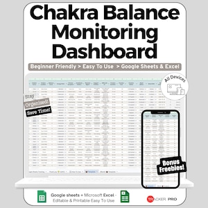 Chakra Balance Monitoring Spreadsheet for Google Sheets and Excel Energy Center Healing Tracker Dashboard