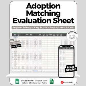Peut inclure: Une feuille d'évaluation de correspondance pour adoption, modèle numérique pour Google Sheets et Excel. L'image montre une interface de tableur sur un écran d'ordinateur portable et de smartphone avec des étiquettes Beginner Friendly, Easy To Use et Bonus Freebies.