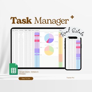 Hoja de cálculo para la gestión de tareas inmobiliarias en Google Sheets. Rastreador de tareas para agentes inmobiliarios. Organizador de flujo de trabajo de propiedades. Plantilla de planificador inmobiliario.
