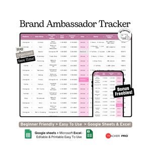 Brand Ambassador Program Management Sheet Google Sheets Template Influencer Outreach, Sales and Ambassador Tracking Log Excel