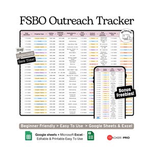 FSBO Outreach Tracker Google Sheets Template, For Sale By Owner Contact Log, Realtor FSBO Lead and Real Estate Outreach Spreadsheet, Excel