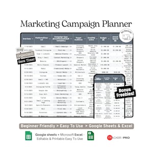 Marketing Campaign Planner Google Sheets Template, Campaign Budget, Deadlines, Ads and ROI Tracking Spreadsheet,Google Sheets Excel Template