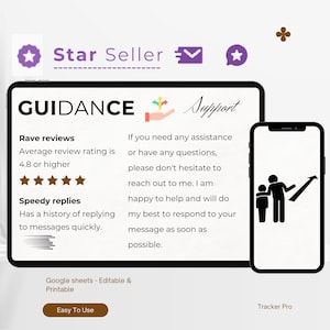 May include: A digital graphic promoting a Star Seller with the word "GUIDANCE" at the top. The graphic includes text about rave reviews and speedy replies. A smartphone displays a graphic of two figures and an upward arrow. The words "Easy To Use" are also visible.