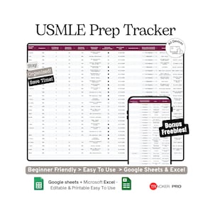 USMLE Step Prep Excel Google Sheets, Track Step 1 and Step 2 Exam Questions, Study Hours, Practice Scores, Medical Student Planner Log