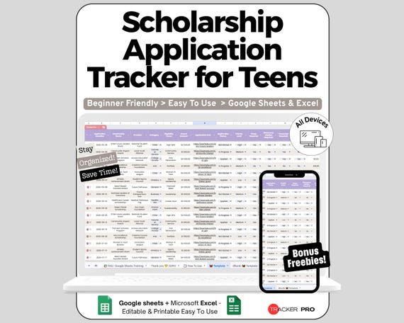 Scholarship Tracker Spreadsheet for Google Sheets and Excel Deadline Monitoring and Student Dashboard