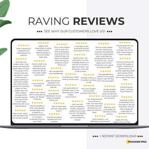 May include: A laptop screen displaying positive customer reviews for a spreadsheet template. The reviews highlight the template's ease of use, functionality, and helpfulness. The text "RAVING REVIEWS" is displayed at the top of the screen.