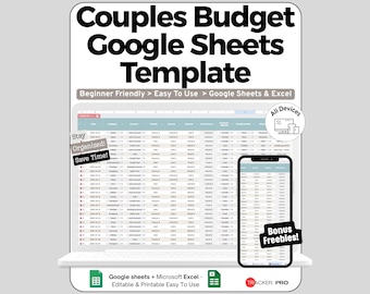 Couples Budget Spreadsheet Google Sheets Template, Two Income Monthly Budget with Shared & Individual Expense Split, Savings Goal Planner