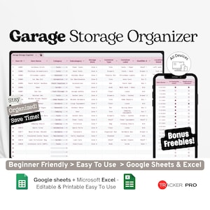 Garage Storage Organizer Google Excel, Home Garage Setup Log, Tool Storage Planner, Organization Checklist Spreadsheet Google Sheets